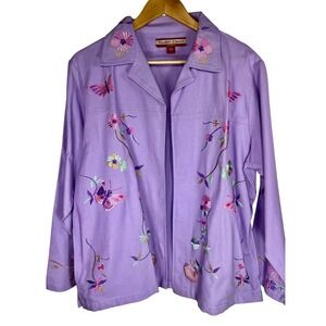 Tudor Court Jacket Women Large Purple Embroidered Butterfly Floral Cotton Canvas
